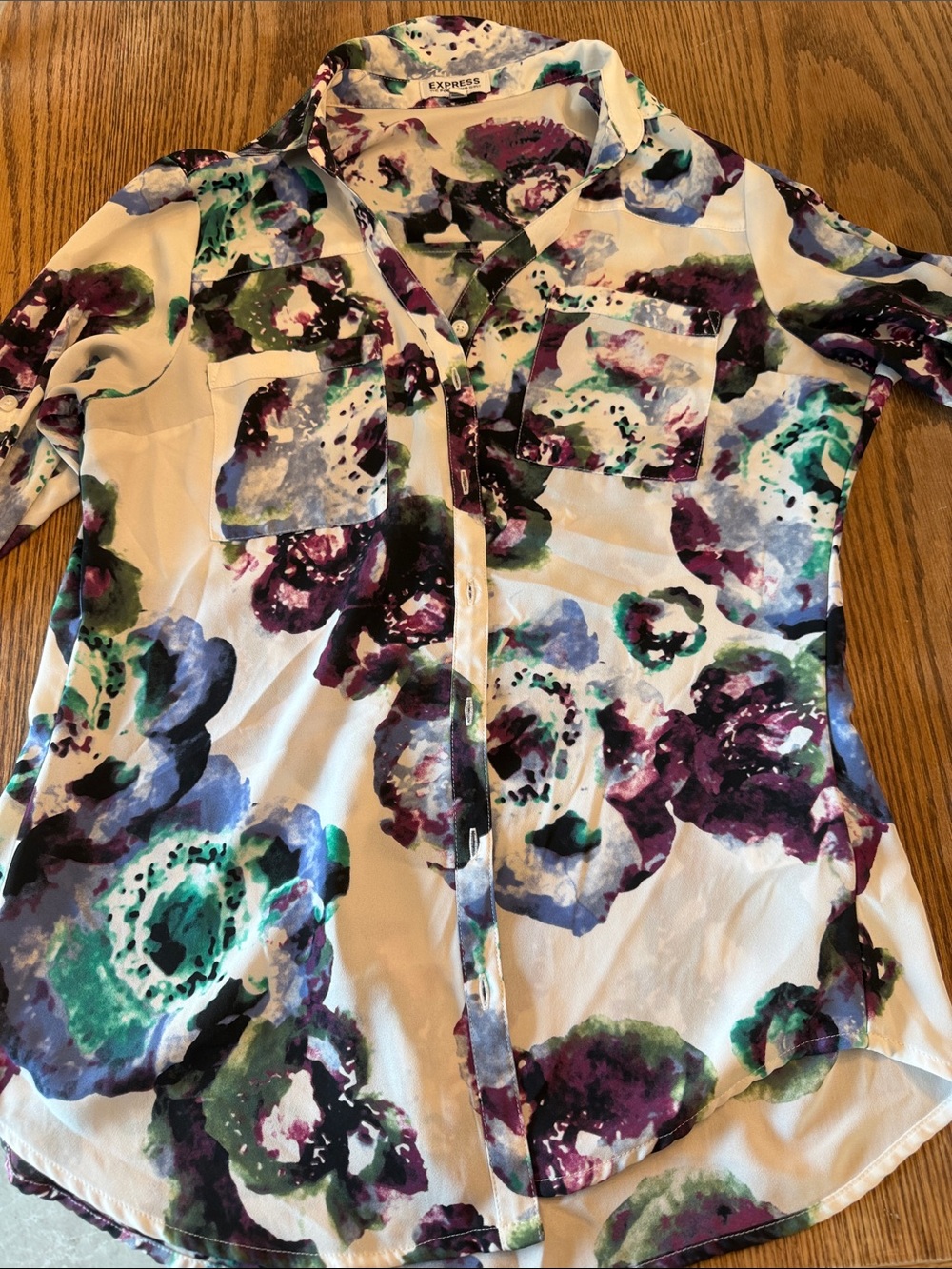 Express Floral Button-Up Blouse in White, Purple & Teal
